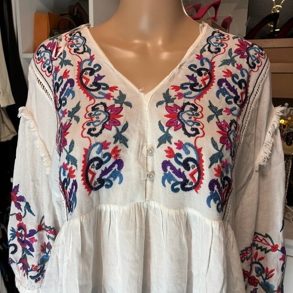 Zara TRF White Embroidered Boho Peasant Babydoll Blouse Top Womens Medium - Picture 5 of 7